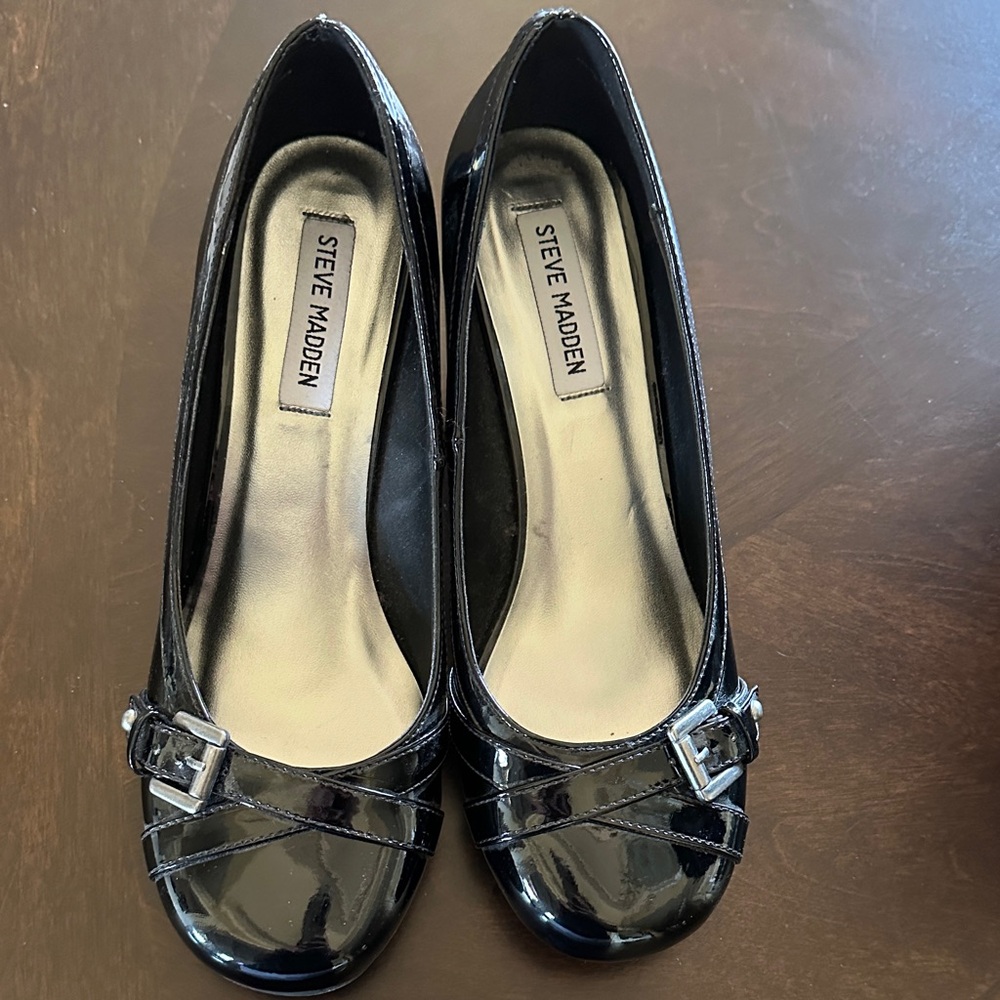 Steve Madden Black Patent Heels with Buckle Detail